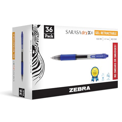 Zebra Pen Sarasa Dry X20 Retractable Gel Pens, 0.7mm Medium Point, Blue Ink with Rapid Fast Dry Ink Technology, Ideal for the Left-Handed, Eliminates Smudging and Smearing in Seconds, 36-Pack (46236) - color: Blue B