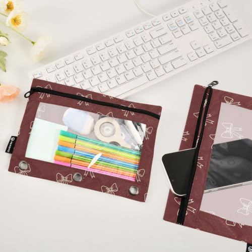 Gredecor 3 Ring Binder Pencil Pouch, Burgundy Maroon Bows Zippered Pen Case Pouches with Clear Window, 2 Pack Stylish Office & School Supplie - color: Burgundy Maroon Bows