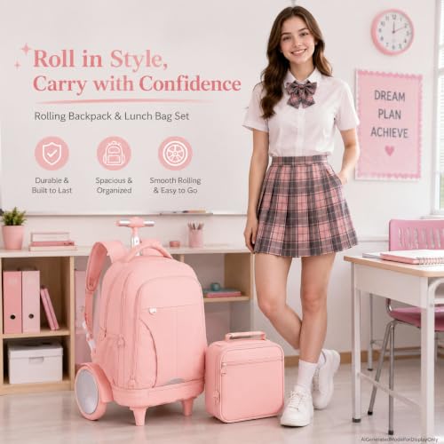 gxtvo Large Wheels & Quiet Glide | Women & Girls Roller Backpack - Water-Resistant Wheeled Bag with Lunch Box for Office, Travel & College - Pink - color: Rolling Backpack Reflective Pink