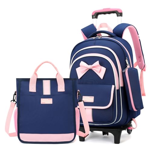MITOWERMI Rolling Backpack for Girls 3Pcs Elementary School Bag Cute Bowknot Backpack with Wheels Girls Bookbags with Handbag Trolley Bags Kids Carry-On Luggage - color: Style c-3Pcs Dark Blue-2 Wheels, style: 2 Wheels Trolley + Backpack Sets