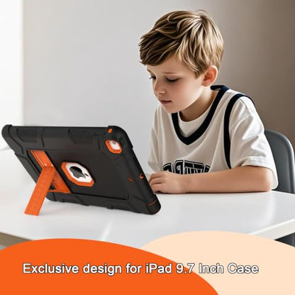 iPad 6th Generation Cases, iPad 5th Generation Case, iPad 9.7 Case, iPad Air 2 Case, Hybrid Shockproof Rugged Drop Protection Case Built with Kickstand for iPad 9.7 inch (Black+Orange) - color: Black+Orange