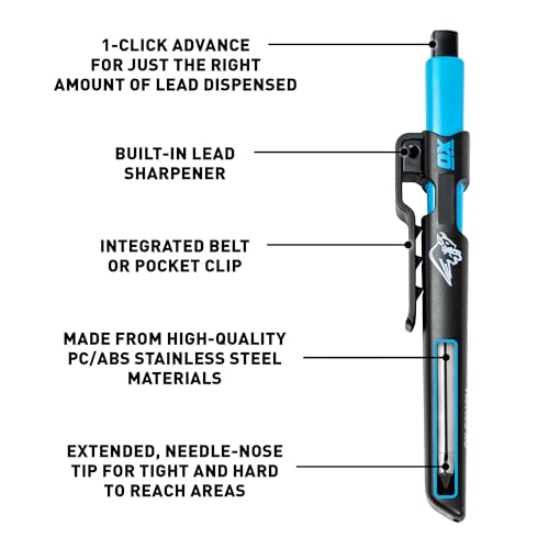 OX Tools 2 Carpenter Pencils Set Pro Tuff Carbon Marking Pencil Mechanical Construction Pencil With 2 Leads Included & Holder & Sharpener Belt Clip - style: 2 OX Carpenter Pencils