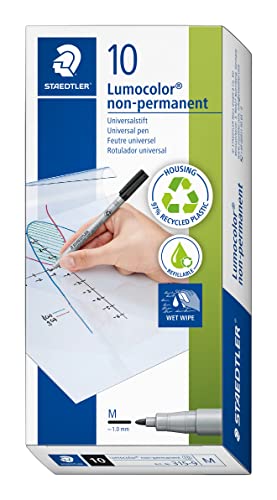 Staedtler Lumograph Non-Permanent Wet Erase Marker Pens, Medium Tip Refillable Colored Marker, Black, 315-9 - color: Black, size: 1 Count (Pack of 10), style: Medium Tip