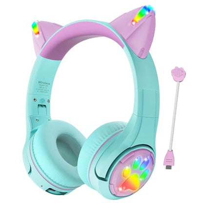 Riwbox CF9 Cat Ear Kids Bluetooth Headphones with LED Light Up,Safe 85dB Volume Limit,Built-in Mic&Boom Mic for Calls,Kids Wireless&Wired Headphones for Tablet/Airplane/School/Online Learning (Green) - color: Green