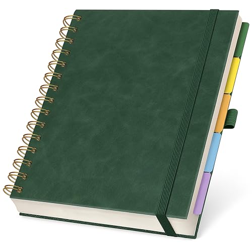 Hardcover Leather Lined Spiral Notebook 8x10" with Removable Dividers - Green - 300 Pages 5 Subject College Ruled Notebook for Work with Tabs, Pockets, and Pen Loop for Note Taking, Large Journal - color: Green