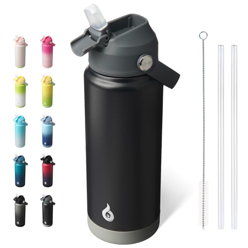 BJPKPK Water Bottle with Straw Lid, 24oz Vacuum Insulated Water Bottles, Metal Stainless Steel Thermo for Sports, Travel, BPA Free Leak Proof Thermo, Cups, Flasks, Tumblers,Black - color: Black, size: 24 Ounces