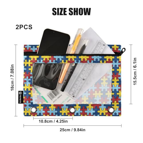 Autism Awareness Puzzle Piece Pencil Pouches for 3 Ring Binder, Zipper Binder Pencil Case, 2 Pack Clear Window Case Bag for Office Organizers - color: Autism Awareness Puzzle Piece