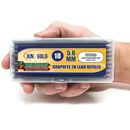 June Gold 5.6 mm, 18 Lead Refills, 2B, 120 mm Length, Sturdy Carrying Case | Extreme Bold Thickness, Sketching, Shading, Blending, Construction, Carpentry - color: 2b Graphite, style: 5.6 mm