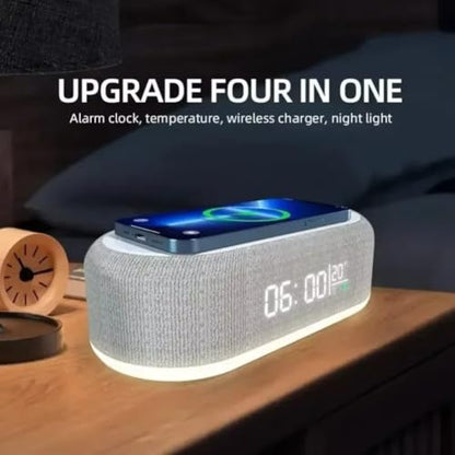 15W Desktop Multifunction Charging Station Wireless Phone Charger with LED Night Lamp Digital Time Clock and Room Temperature Thermometer for Android and iPhone Smart Devices (White)