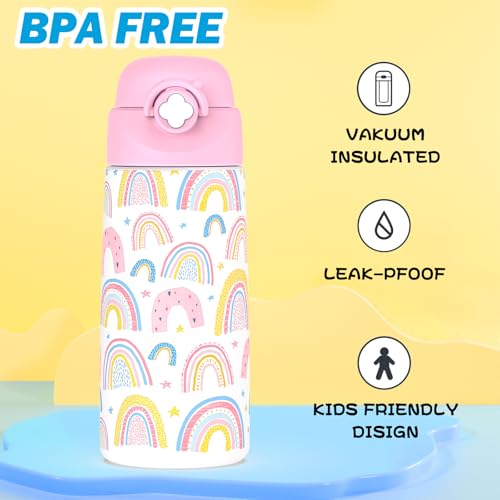 Girls Insulated Water Bottle with Covered Pop-Up Straw,16 oz Kids Cups with Stainless Steel Leak Proof for School（Rainbow-Pink） - color: A11.Rainbow, style: 1Pack