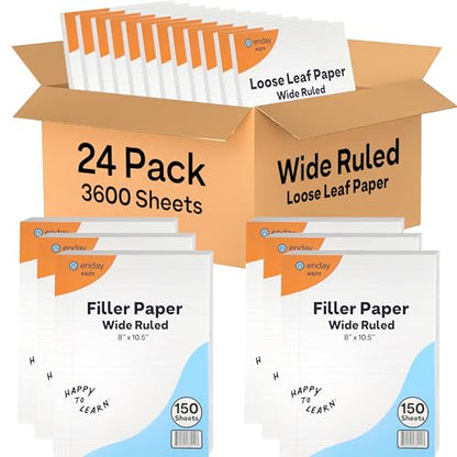 Loose Leaf Paper Bulk, 3600 Sheets, Wide Ruled, (24 Pack) 150 Sheets Per Pack, 8" x 10.5" White Filler Paper, 3 Hole Punched Binder Paper for 3 Ring Binders, Notebook Paper - By Enday - size: 24 Pack
