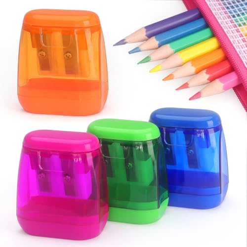 4 Pack Pencil Sharpener Manual, Double Holes, Assorted Color | Sharpeners with Lid for Kids, School, Office, Home - color: (Blue, Green, Orange, Rose)