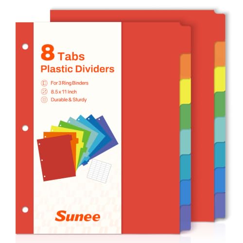 SUNEE 8 Tab Binder Dividers,Plastic Dividers for 3 Ring Binder,3 Ring Binder Dividers with Tabs for School Office Home Supplies,Bright Color, 2 Set