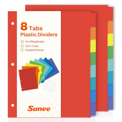 SUNEE 8 Tab Binder Dividers,Plastic Dividers for 3 Ring Binder,3 Ring Binder Dividers with Tabs for School Office Home Supplies,Bright Color, 2 Set