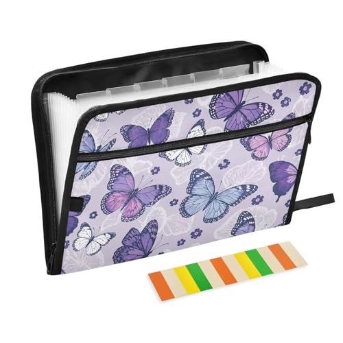 Expanding File Folder,13 Pocket Accordion File Folders with Sticky Labels, A4 Letter Size Paper Document Organizer with Zipper Closure for Office School Boys Girls,Butterfly and Flower - color: Butterfly and Flower