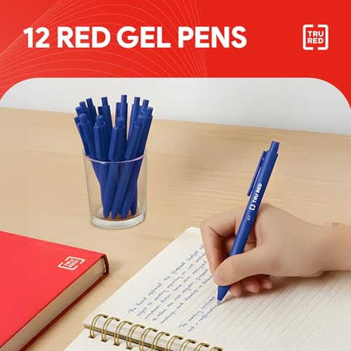 Staples TRU RED Retractable Gel Pens, Medium Point 0.7mm, Blue Ink, 12 Pack - Quick-Dry Pens for Smooth, Smear-Free Writing - color: Blue, size: 12 Pack, style: Medium Point