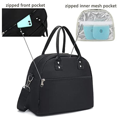 FlowFly Insulated Lunch Bag With Shoulder Strap for Women, Men, and Kids, Large and Reusable, Handle, Freezable Work and School Travel Tote and Meal Prep Organizer (Black) - color: Black