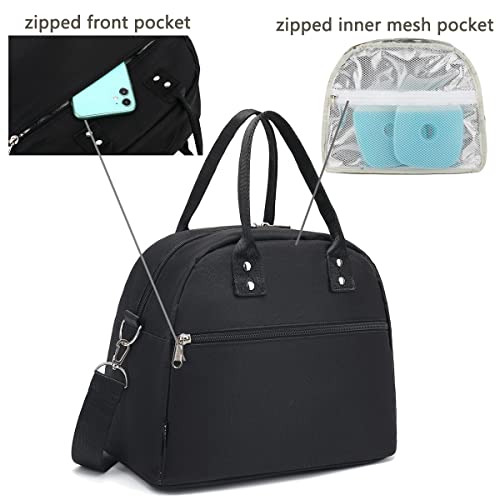 FlowFly Insulated Lunch Bag With Shoulder Strap for Women, Men, and Kids, Large and Reusable, Handle, Freezable Work and School Travel Tote and Meal Prep Organizer (Black) - color: Black
