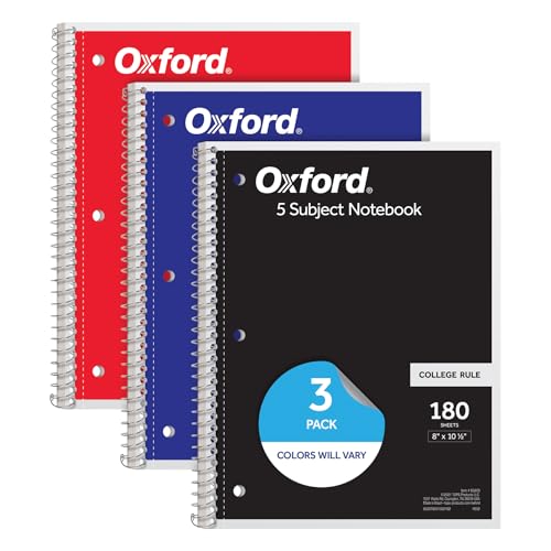 Oxford Spiral Notebooks, 3 Pack, 5 Subject, College Ruled Notebooks for School, 8 x 10.5 Inches, 180 Sheets, 4 Dividers, Assorted Colors, Back to School Supplies (65203) - size: (Pack of 3)