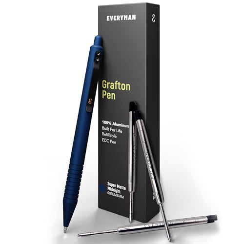 Everyman Midnight Super Matte Grafton Pen & Refill Set | Refillable Metal 0.7mm Gel Pen with 3 Smooth Black Ink Refills | Premium EDC Writing Tool for Office, Work, Travel & Gifting - color: Midnight, style: Pen with Refills Bundle