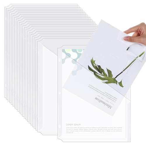 48 Pcs Binder Pockets for 3 Ring Binder Clear Plastic Folders Sleeves 3 Hole Punch Document Dividers Poly Slash File Jacket Organizer with Pockets for Office Home School, Clear