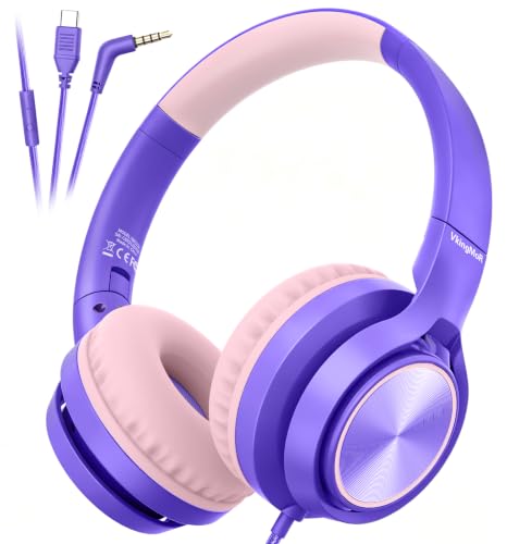 Kids Headphones for School Travel, Upgrade USB Type C Safe Volume 94dB, with Mic HD Stereo Sound Foldable On-Ear Headphones for Boys/Girls/Students/Tablet/Travel Purple - color: Purple