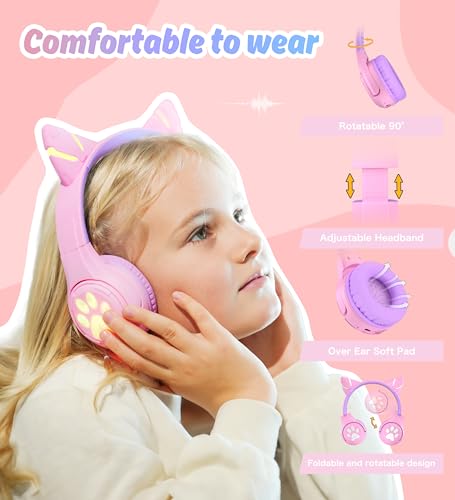Riwbox CF9 Cat Ear Kids Bluetooth Headphones with LED Light Up,Safe 85dB Volume Limit,Built-in Mic&Boom Mic for Calls,Kids Wireless&Wired Headphones for Tablet/Airplane/School/Online Learning (Purple) - color: Purple