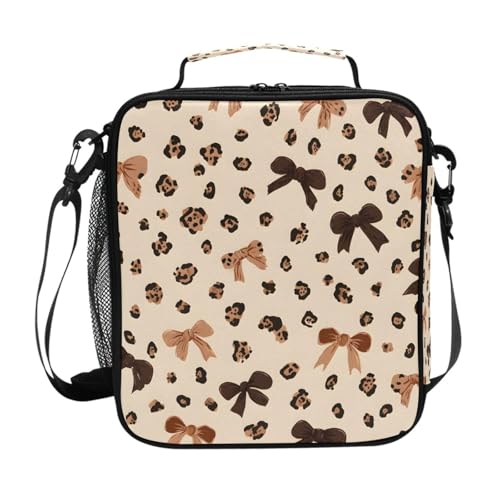 ALAZA Leopard Print Cheetah Bow Pattern Lunch Box Insulated Lunch Bag Kids Cooler Tote Bag Freezable Shoulder Strap Lunchbox for Girls School Picnic - color: Multi2354