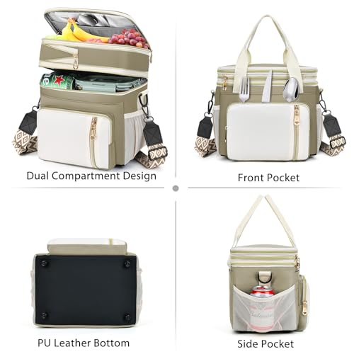 LOKASS Lunch Box for Women/Men-16L-Insulated Lunch Bag, Expandable Double-layer Leakproof Cooler Bag with Upgrade Adjustable Shoulder Strap Ideal for Work/Travel/Picnics（Beige&White） - color: Beige