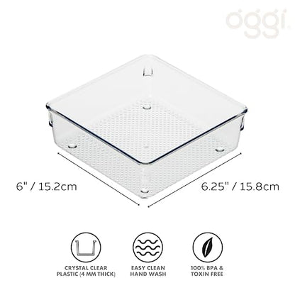 Oggi Clear Drawer Organizer - 6" X 6"- Ideal for Organizing Kitchen Drawers, Office, Desk, Silverware, Kitchen Utensils, Cosmetics and Bathrooms (Pack of 2) - size: 6" by 6" (Pack of 2)