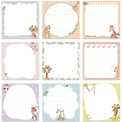 Giraffe Sticky Notes Gifts - 9 Pack Cartoon Giraffe Notepads 3x3 Inch Gifts for Women Men, Safari Animal Self-Adhesive Memo Pads Office School Supplies (450 Sheets) - style: Giraffe
