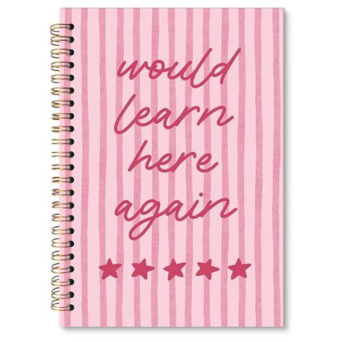 Pink Preppy Funny Classroom A5 Spiral Notebook Gifts for Girls, Pink Striped Hardcover Daily Journal Notebooks Lined for School Note Taking, Would Learn Here Again Composition Notebook 5.5x8.3 - color: learn