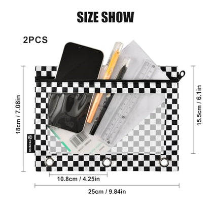 2 Pack 3 Ring Binder Pencil Pouch Racing Checkered Flag Pencil Case Pencil Bags with Zipper, Clear PVC Binder Pockets for Office Daily Supplies - color: Color 19