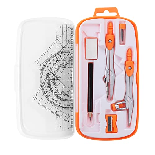 Unjoo Math Geometry Set 10 Pcs,Compass and Protractor for Students,Orange | Shatterproof Storage Box,Rulers,Protractor,Compass,Eraser,Pencil Sharpener,Lead Refills,Pencil,for Classroom, Back to School - color: Orange