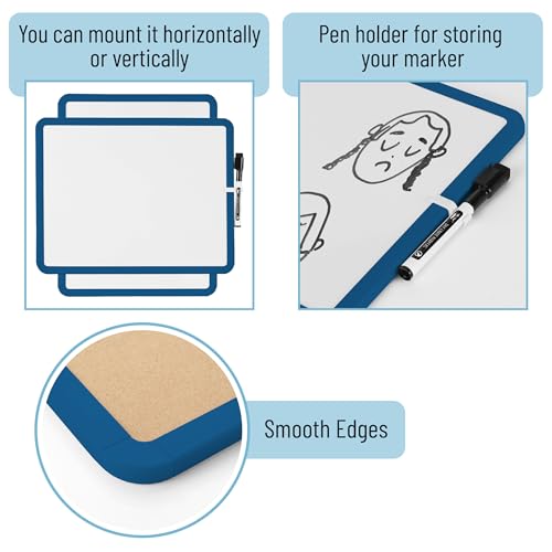 Mr. Pen- Dry Erase Board, 14” x 11” with a Black Dry Erase Marker | Dark Blue Frame, Small Mini White Board for Students, Fridge, Wall, Locker, Includes Double Sided Tapes - color: Dark Blue