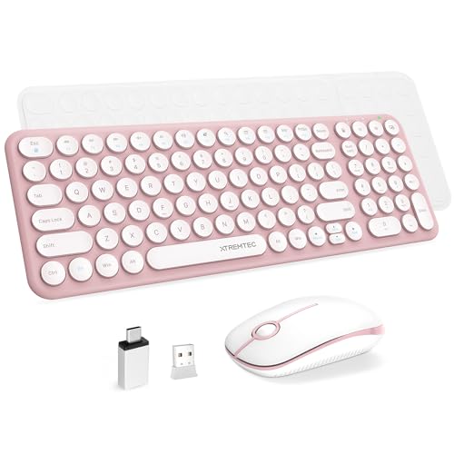 Wireless Keyboard and Mouse Combo,XTREMTEC 2.4GHz Quiet Slim Cute Round Keycap Compact Size Pink Kawaii Cordless Retro Keyboard and Mouse Set Home Office Accessories for Mac/Windows(Sakura Pink) - color: Sakura Pink