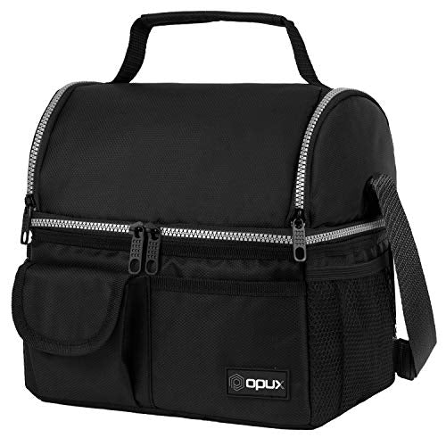 opux Insulated Lunch Bag Women Men, Dual Compartment Leakproof Lunch Box Adults Kids, Double Decker Meal Prep Bento Lunch Cooler Tote with Shoulder Strap for Work Office School Travel, Black - color: Black