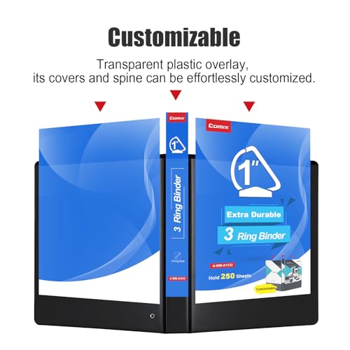 COMIX Heavy Duty Slant-D Ring View Binder, 1 inch 3 Ring Binders, Hold 225 Sheets of 8.5" x 11" Paper, 12 Pack (Black) - color: Black, size: 1 inch, style: 12 Pack