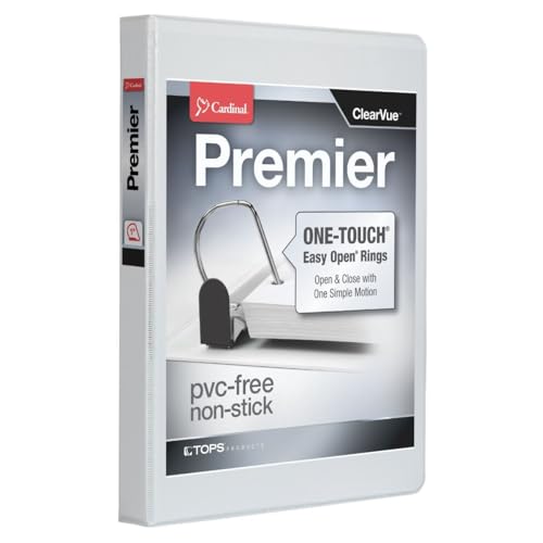 Cardinal 3 Ring Binder, 1 Inch Premier Easy Open Binder, ONE-Touch Locking Slant-D Rings, 250-Sheet Capacity, ClearVue Cover, PVC-Free, White (10300CB) - size: 1-Inch (Pack of 1)