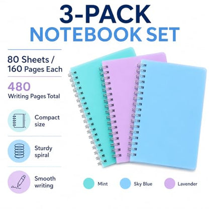 Spiral Notebook, 3 Pack Small Notebooks 4.3''x 5.7'',Mini Ruled Lined Journal, 480 Pages, College School Supplies Pocket Notebook for Work, Aesthetic Gift Office Supplies for Teen Girls,Boys