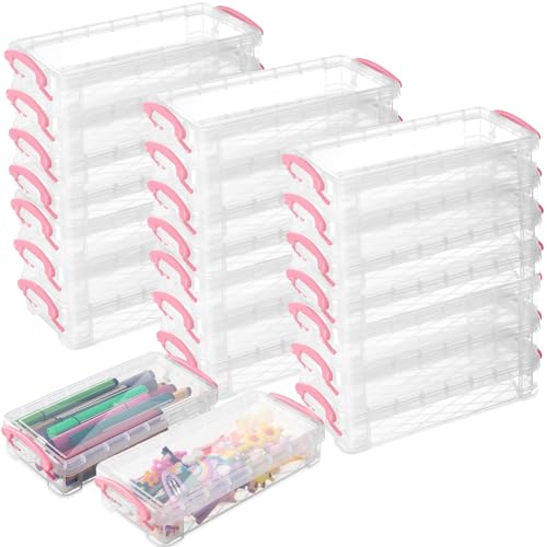 Gueevin 24 Pcs Large Capacity Plastic Pencil Box Clear Plastic Pencil Case Crayon Box with Snap Tight Lid Watercolor Pen Storage Brush Organizer Drawing Tools Container (Pink) - color: Pink