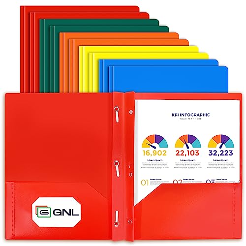 GNL Plastic Folders with Pockets and Prong, Pack of 10, Colored Heavy Duty 2 Pocket File Folders Letter Size, Folders with Prongs for School, Home, and Office - color: General Colors, style: 10-Pack