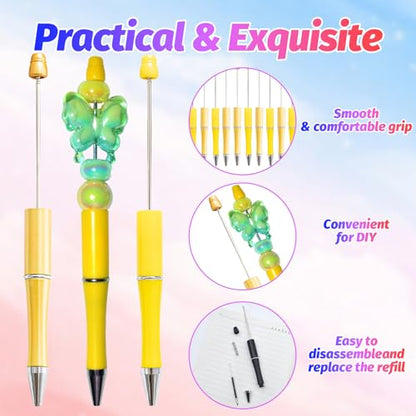 300 Pieces DIY Beadable Pens Kit - 100 plastic Beadable Pens Bulk, Refills & pen bags Included - Beaded Pens Black Ink Ballpoint Cute Pens for Students Teacher（Yellow+Golden） - color: Yellow, size: 100