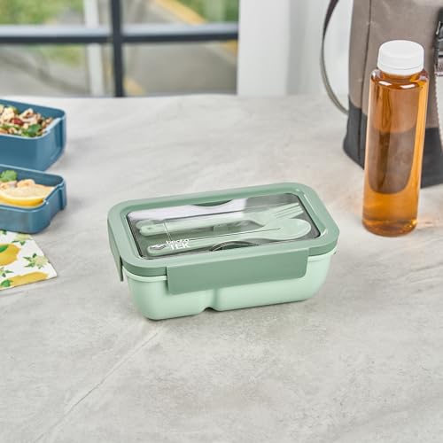 Restaurantware-Bento Tek 28.7 Ounce Bento Box, 1 Reusable Lunch Container - With Fork And Spoon, Does Not Contain BPA, Green Plastic Reusable Lunch Box, Microwavable, Dishwashable - size: 1 Count, style: 29 oz - Green
