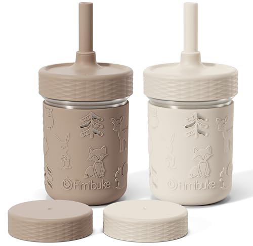 Fimibuke Toddler Cups Spill Proof, 8 OZ Sippy Cups for Kids Girl Boy, Stainless Steel Tumbler with Lid, Removable Silicone Straw & Sleeve, BPA Free Dishwasher Safe Water Bottle Snack Container 2 Pack - color: Khaki/Beige, size: 8 Ounces