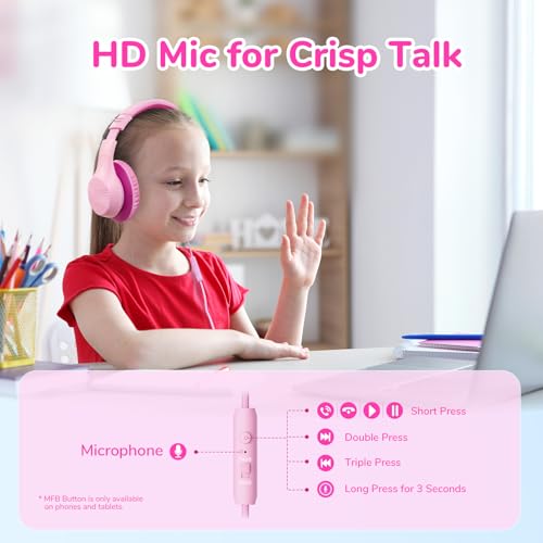 EarFun K3 Kids Headphones, Over Ear Headphones with Microphones, 85/94dB Safe Volume Limit, HD Stereo Sound, 3.5mm Jack, Foldable Wired Headphones for School/Travel/Boys/Girls/Tablet/iPad, Pink - color: Pink