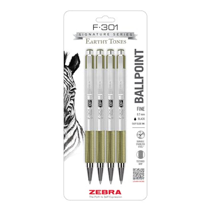 Zebra Pen F-301 Signature Series Ballpoint Pen, Black, 0.7mm, 4-Pk (27244) | Stainless Steel Barrel, Easy-Glide Ink, Sage Earth-Tone Barrel Accents, Fine Point Tip, Ideal for Planners & Note-Taking - color: Black Ink B