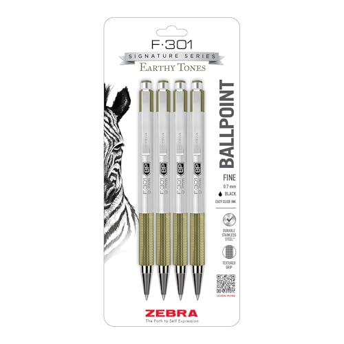 Zebra Pen F-301 Signature Series Ballpoint Pen, Black, 0.7mm, 4-Pk (27244) | Stainless Steel Barrel, Easy-Glide Ink, Sage Earth-Tone Barrel Accents, Fine Point Tip, Ideal for Planners & Note-Taking - color: Black Ink B