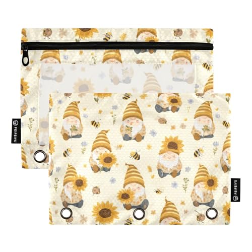 Binder Pouches,Sunflowers Honey Bees Gnomes Pencil Pouch for 3 Ring Binder 2 Pack Clear Pencil Bag with Zipper for Office School Supplies - color: Multicolored 9