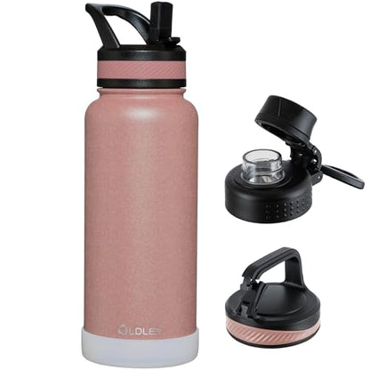 OLDLEY 32 oz Insulated Water Bottle With Straw, Stainless Steel Sports Water Cup Flask with 3 Lids(Straw, Spout and Handle Lid) Double Walled Travel Thermal Canteen Mug,Rose Gold - color: Rose Gold, size: 32 Ounces